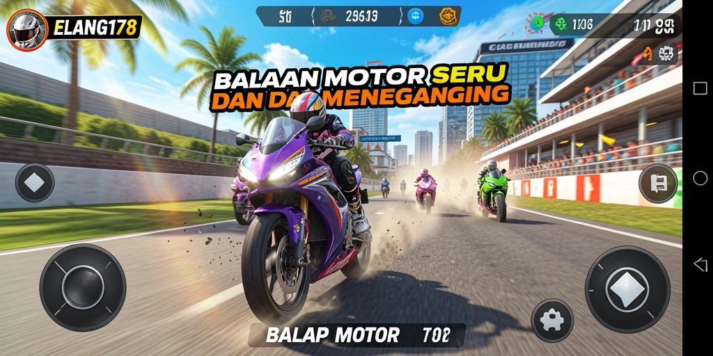 Tampilan antarmuka ELANG178 saat balapan motor yang menegangkan.